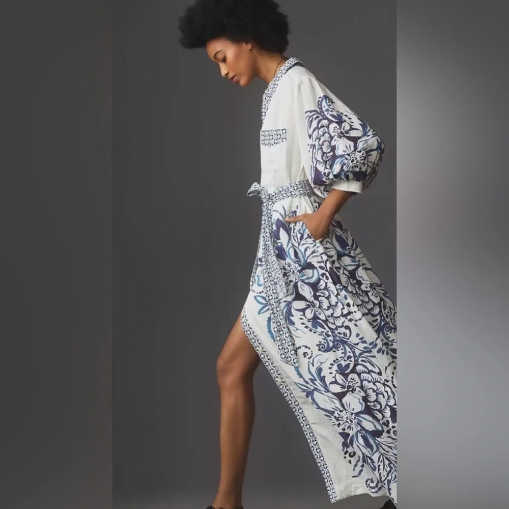 Anthropologie The Irene Linen Shirt Dress Button Front Belted Floral Blue - Picture 2 of 10